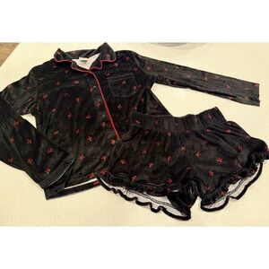 GirlsArt Class Girls XL 14 Velvet Black Red Bows Ribbon 2 Piece Pajama Set Pjs
